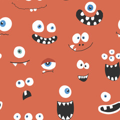 Cute monster faces seamless pattern. Cartoon monsters background. Vector illustration