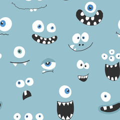 Cute monster faces seamless pattern. Cartoon monsters background. Vector illustration