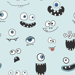 Cute monster faces seamless pattern. Cartoon monsters background. Vector illustration