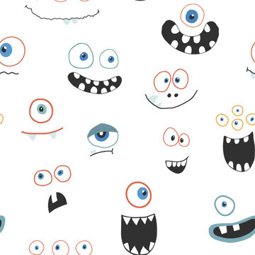 Cute monster faces seamless pattern. Cartoon monsters background. Vector illustration