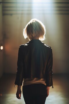 back of a woman. she has bobcut hair wearing a leather jacket. walking away in an empty and bright void. generative AI