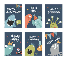 Birthday cards set with Cute monsters. Cartoon monsters collection. Vector illustration