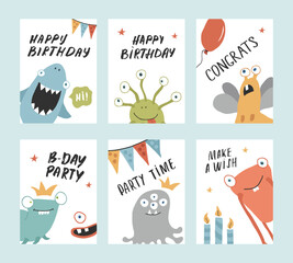 Birthday cards set with Cute monsters. Cartoon monsters collection. Vector illustration