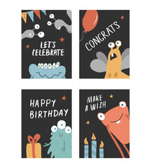 Birthday cards set with Cute monsters. Cartoon monsters collection. Vector illustration