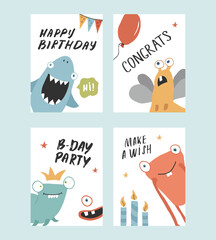 Birthday cards set with Cute monsters. Cartoon monsters collection. Vector illustration
