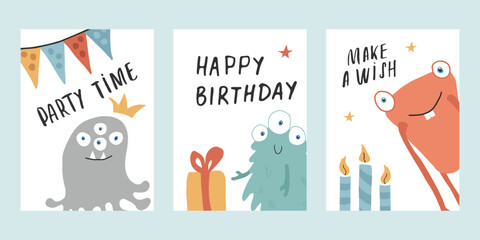Birthday cards set with Cute monsters. Cartoon monsters collection. Vector illustration