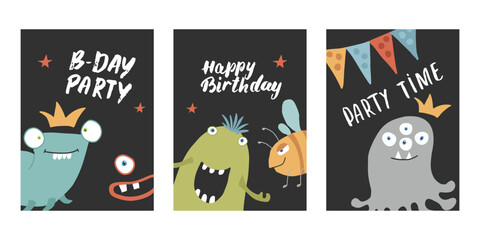 Birthday cards set with Cute monsters. Cartoon monsters collection. Vector illustration