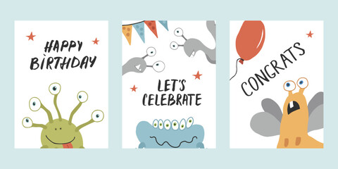 Birthday cards set with Cute monsters. Cartoon monsters collection. Vector illustration