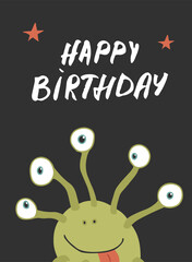 Cute monster birthday greeting card. Vector illustration
