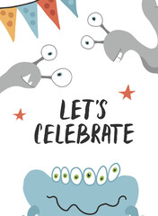 Cute monster birthday greeting card. Vector illustration
