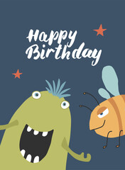 Cute monster birthday greeting card. Vector illustration