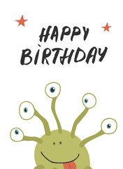 Cute monster birthday greeting card. Vector illustration