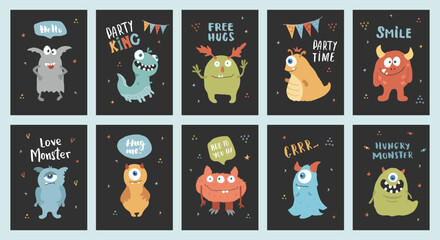 Fototapeta premium Cute monsters cards set. Cartoon monsters collection. Vector illustration