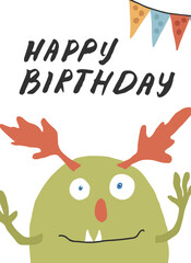 Cute monster birthday greeting card. Vector illustration