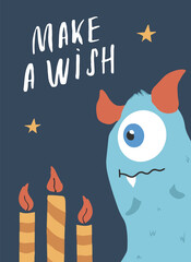 Fototapeta premium Cute monster birthday greeting card. Vector illustration