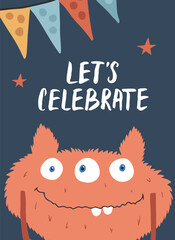 Cute monster birthday greeting card. Vector illustration