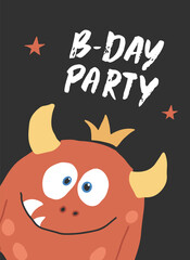 Cute monster birthday greeting card. Vector illustration