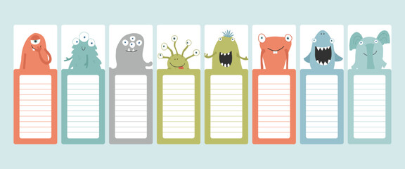 Bookmarks with cute monster set, Cartoon monsters sticker collection. Vector illustration © saint_antonio