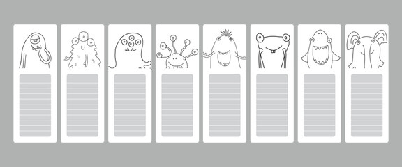 Bookmarks with cute monster set, Cartoon monsters sticker collection. Vector illustration