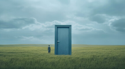 Cloudy skies, blue doors in the fields, doors to a new world