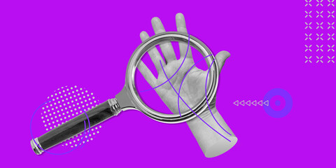 Palmistry, fortune-telling concept. The palm of the hand under a magnifying glass. Minimalistic art...