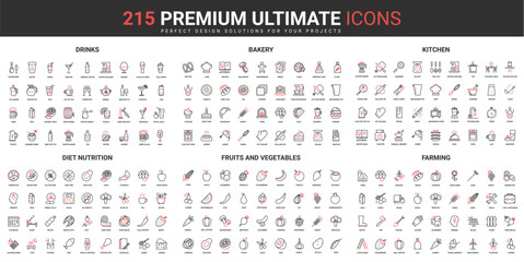Diet food and nutrition, farming thin line red black icons set vector illustration. Abstract symbols of farm organic fruit, vegetables, baking drinks, kitchen tools simple design for mobile, web apps