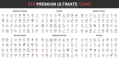 Modern lifestyle, sport workout thin line red black icons set vector illustration. Abstract symbols of daily healthy food, fitness planner application, success diet simple design mobile and web apps © lembergvector