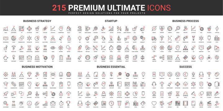 Business strategy thin line red black icons set vector illustration. Abstract symbols of success startup launch, business processes, vision and finance motivation simple design for mobile and web apps