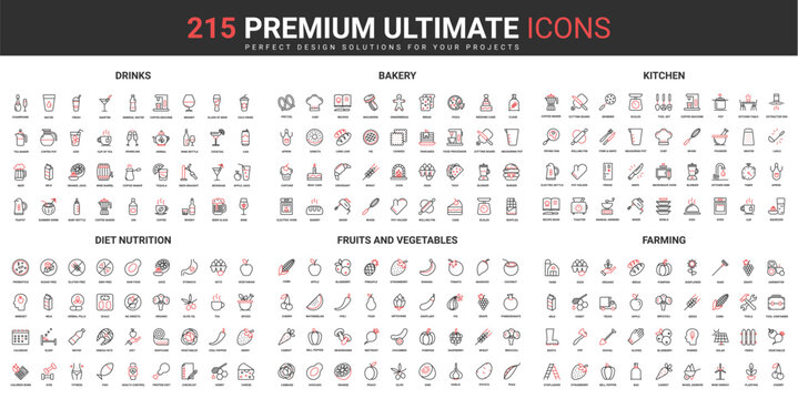 Diet food and nutrition, farming thin line red black icons set vector illustration. Abstract symbols of farm organic fruit, vegetables, baking drinks, kitchen tools simple design for mobile, web apps