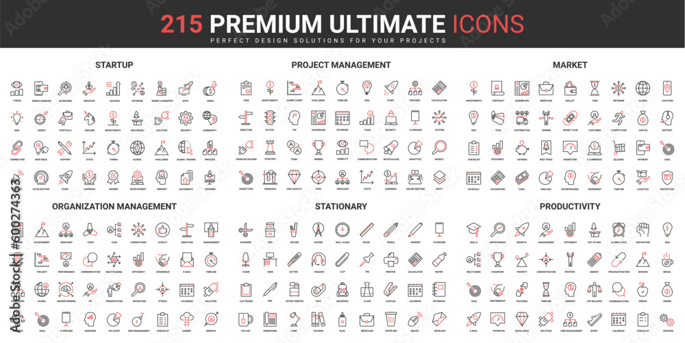 Poster Bussines organization, strategy and management of success startup thin line red black icons set vector illustration. Abstract symbols executive plan, office stationery simple design mobile, web apps
