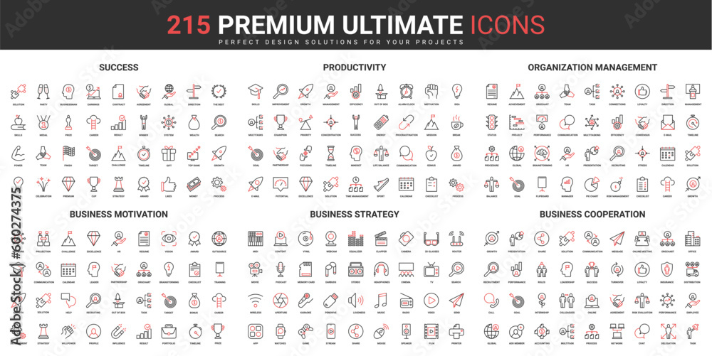 Aufkleber bussines success of organization management thin line red black icons set vector illustration. abstr