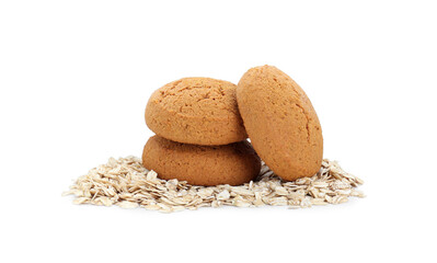 Delicious oatmeal cookies and flakes on white background