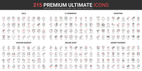 Sales of online retail store, beauty makeup, money payment color thin line red black set vector illustration. Abstract symbols of ecommerce and quality, orders in shop simple design mobile, web apps