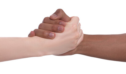 International relationships. People clasping hands on white background, closeup