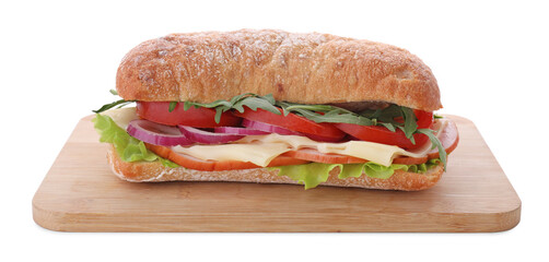 Delicious sandwich with fresh vegetables and cheese isolated on white