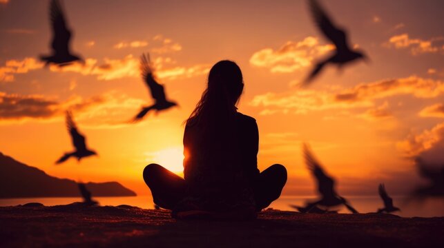woman praying and free bird and enjoining nature generative ai