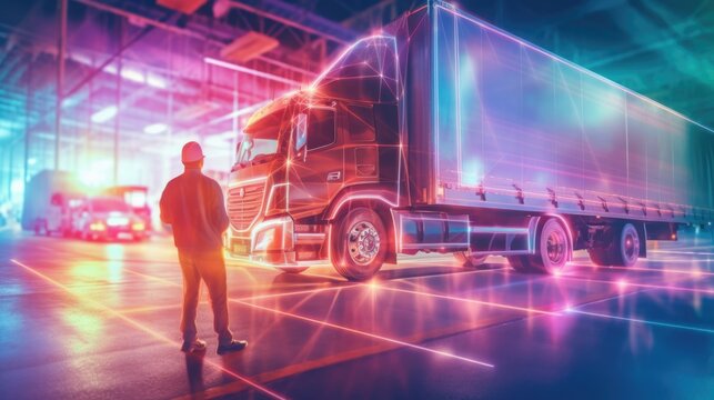 Transport truck and logistic concept, Manager and engineer checking and control logistic network generative ai
