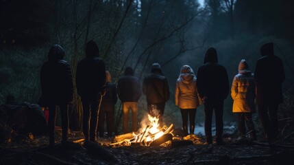 group of people gathered around a campfire. generative ai