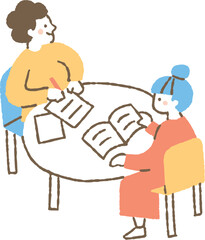 自習室で勉強する男女二人_色