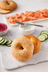 Freshly baked bagels served with dill cream cheese and salmon