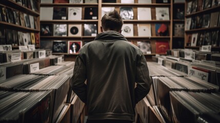 Obraz na płótnie Canvas person browsing vinyl records or music in a store generative ai
