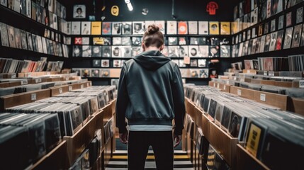 Naklejka premium person browsing vinyl records or music in a store generative ai
