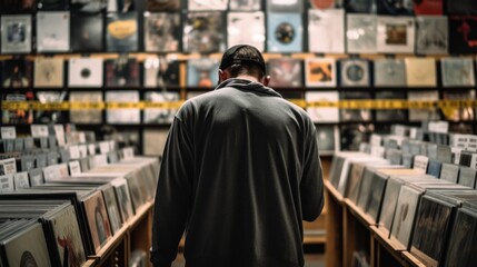 Fototapeta na wymiar person browsing vinyl records or music in a store generative ai