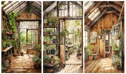 Fototapeta na wymiar Set of watercolour vintage greenhouse interiors. Greeting cards and envelopes artwork 2