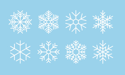 Fototapeta na wymiar Snowflake ice crystal variations icon collection. Snowflakes white ice crystal on blue background. Winter symbol. Christmas logo sign. Vector illustration.