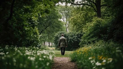 person walking through a city park or green space generative ai