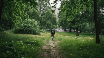 person walking through a city park or green space generative ai