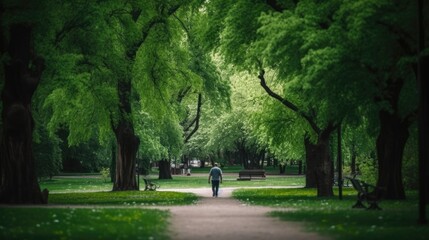 person walking through a city park or green space generative ai