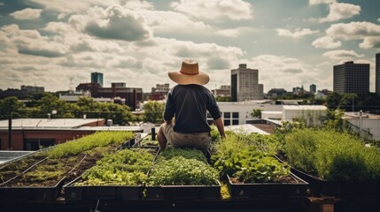 person working on an urban rooftop garden or farm generative ai