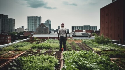 person working on an urban rooftop garden or farm generative ai - obrazy, fototapety, plakaty